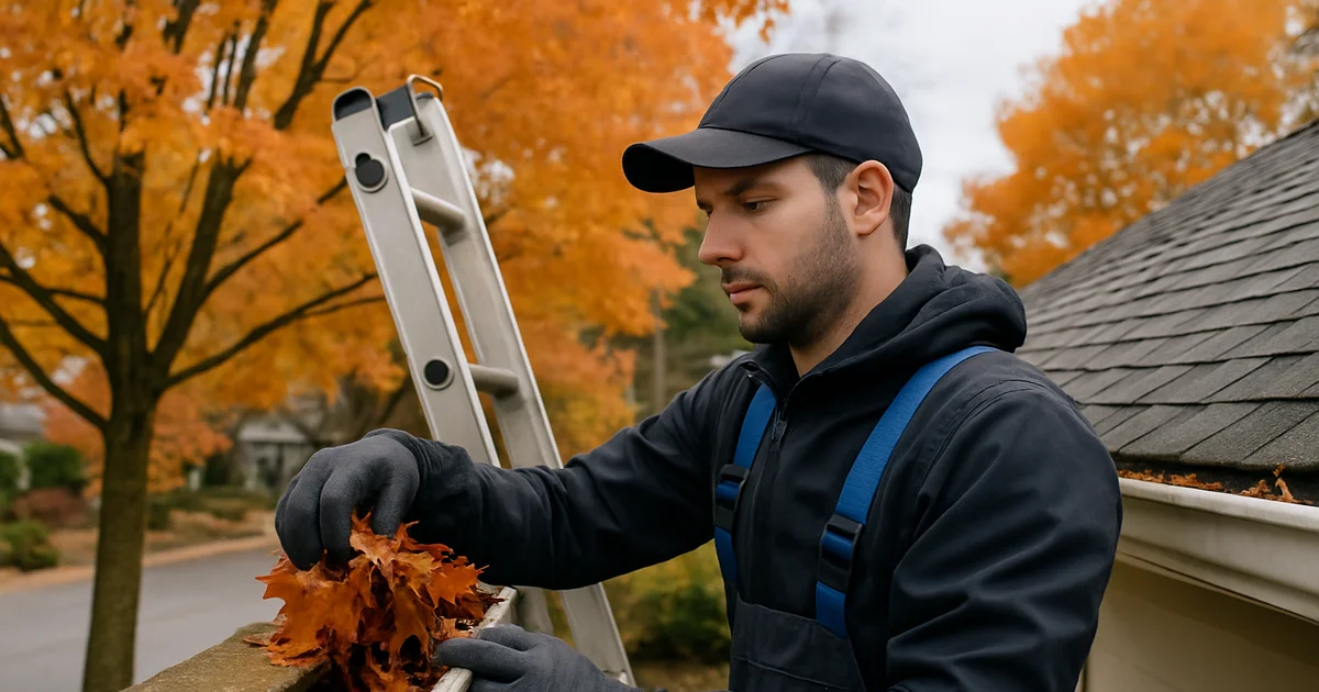 Gutter cleaning technician clearing leaves from a home's gutters near Longview, WA