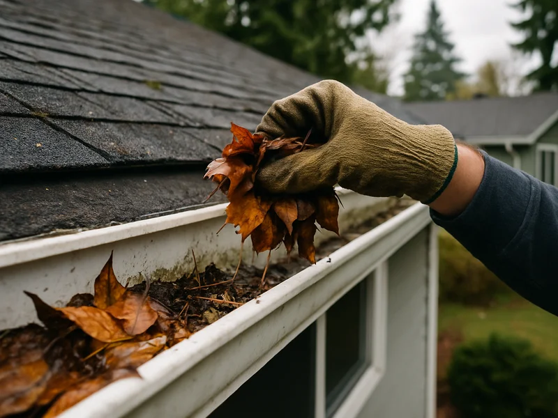 Before and after comparison of a clogged versus cleaned gutter on a Longview, WA home