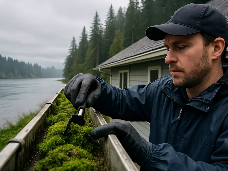 Technician clearing moss from a gutter on a riverside home in Kalama, WA