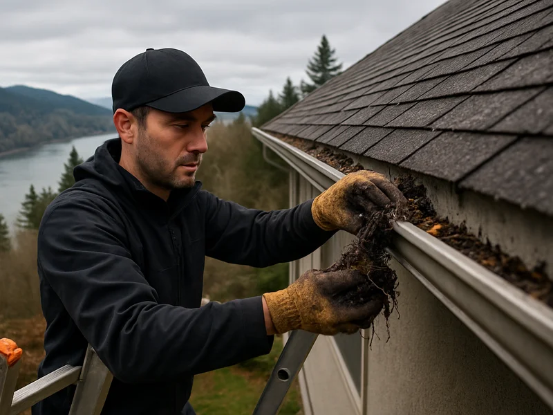 Technician cleaning a gutter on a hillside home in Kelso, WA