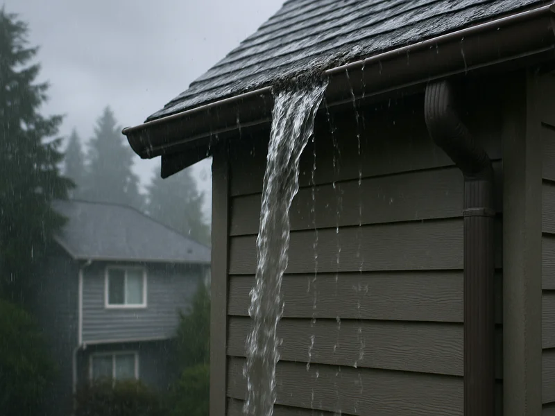 Water overflowing from a clogged gutter down the side of a house
