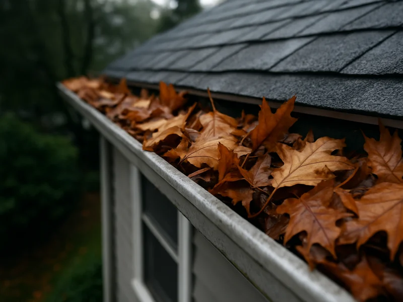 Before: unguarded gutter filling with leaves