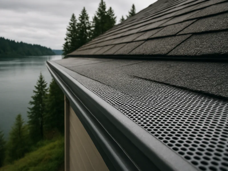 Gutter guard mesh installed on a riverside home roofline in Kalama, WA