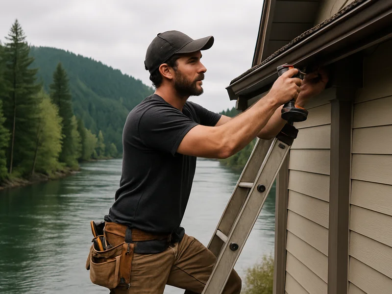 Technician repairing a gutter on a riverside home in Kalama, WA
