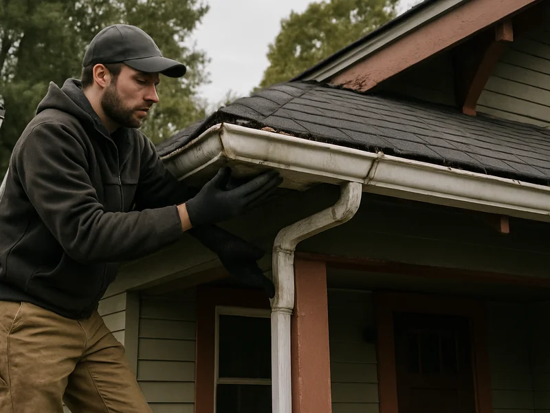 Technician repairing a sagging gutter on an older home in Longview, WA