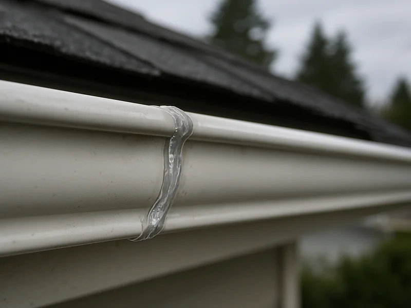 Close-up of a repaired and resealed gutter seam near Longview, WA